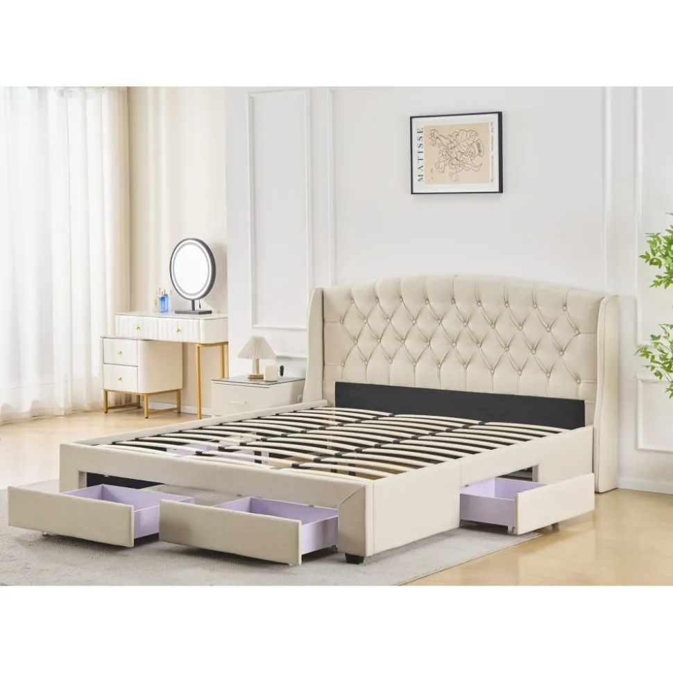 Sängram med förvaring inklusive sänggavel 160 x 200 cm - Beige