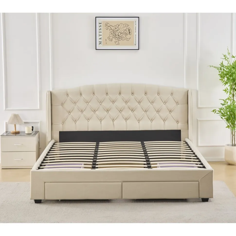 Sängram med förvaring inklusive sänggavel 160 x 200 cm - Beige