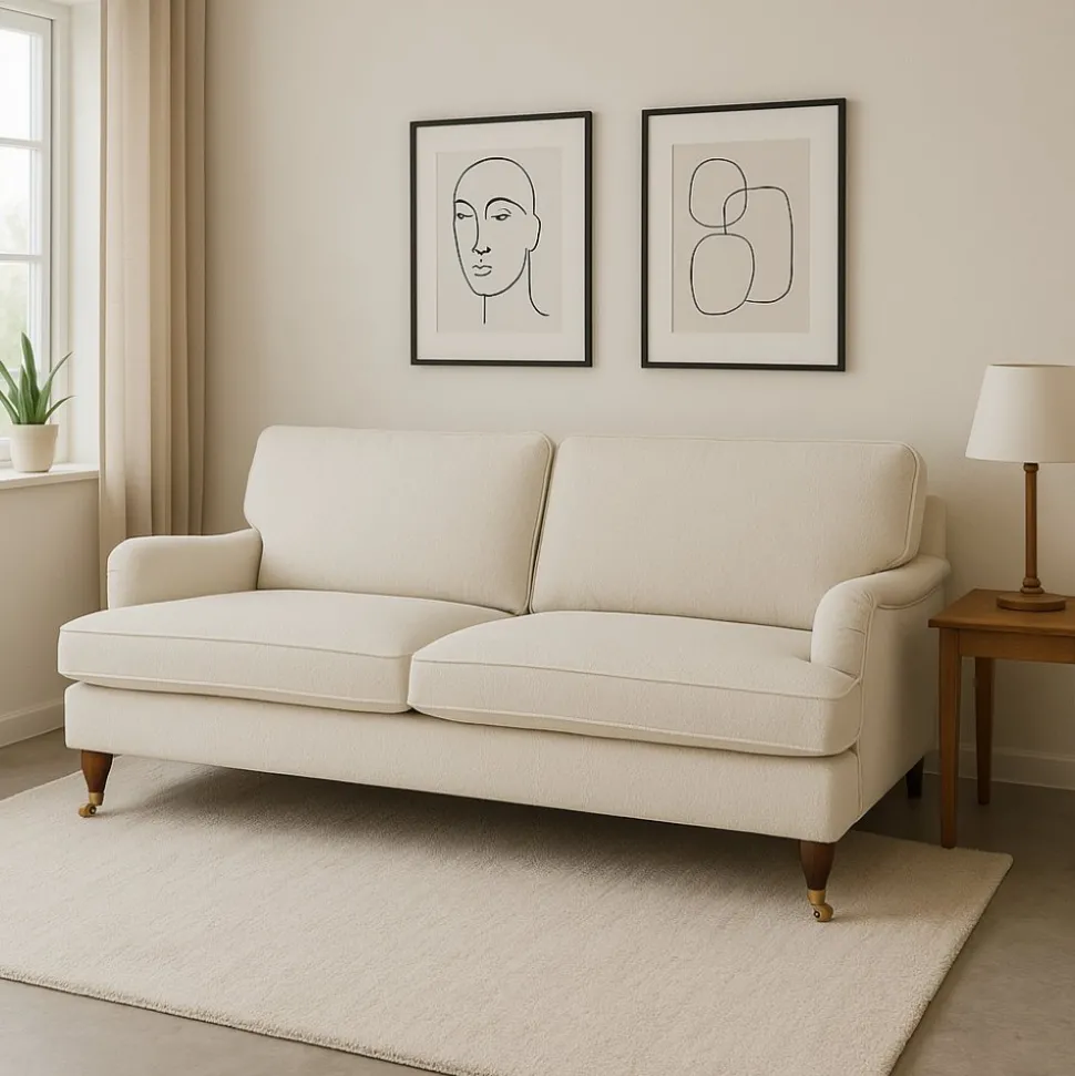 Soffa 210 cm bred Howard Watford Deluxe i bouclé + Textilrengöring för möbler