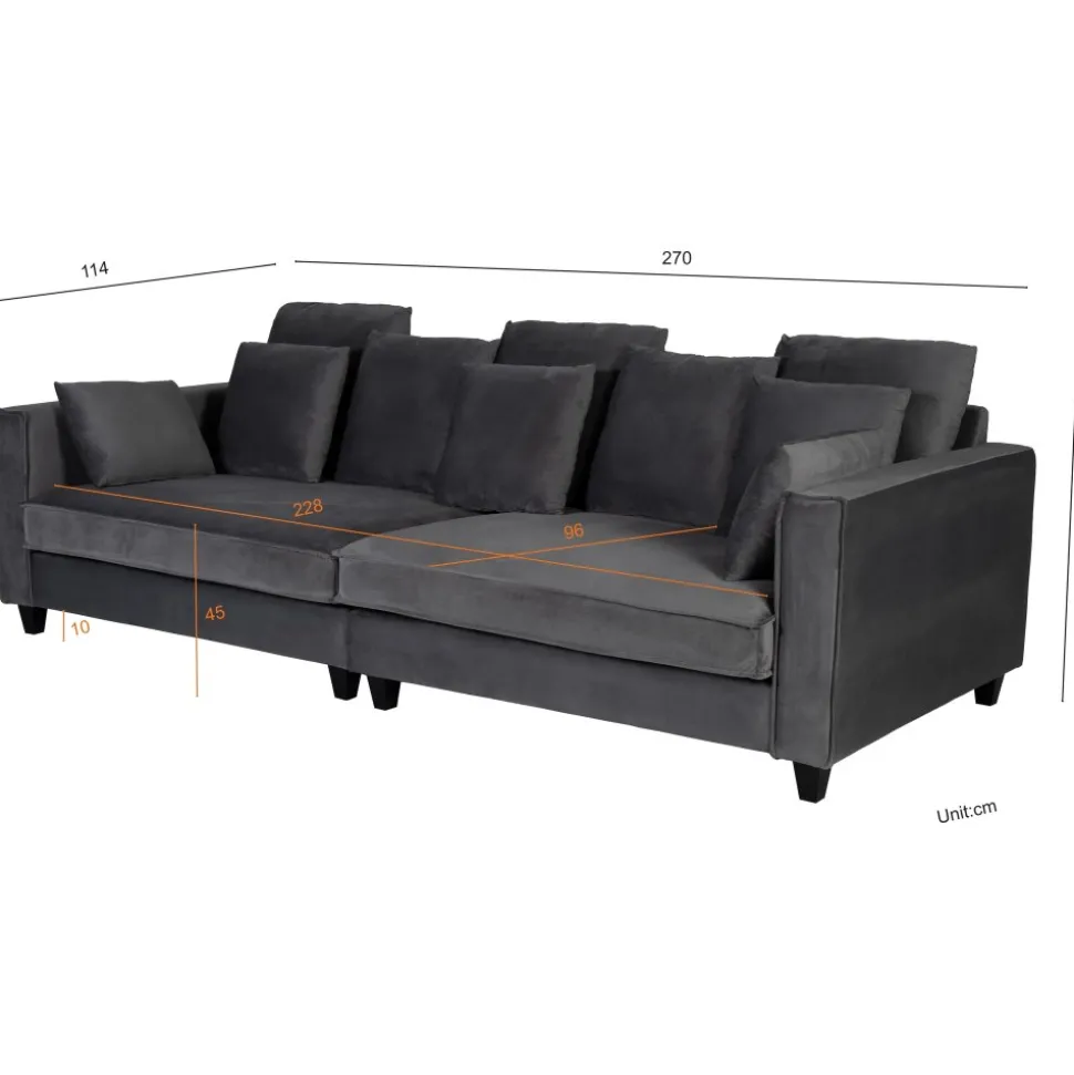 Soffa 270 cm bred och 114 cm djup - grå sammet + Textilrengöring för möbler