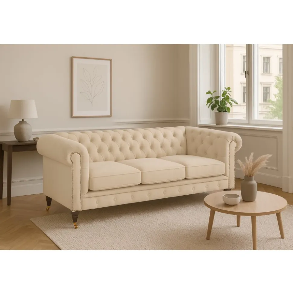 Soffa Chesterfield Cambridge Deluxe 225 cm - Ljus gråbeige sammet