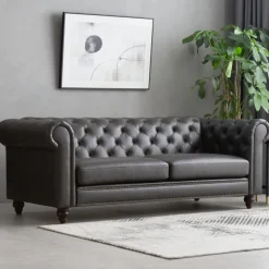 Soffa chesterfield 3-sits 219 cm svart konstläder + Fläckborttagare för möbler