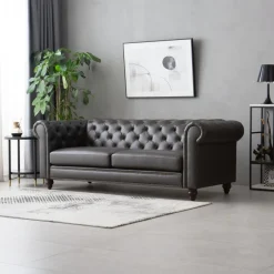 Soffa chesterfield 3-sits 219 cm svart konstläder + Fläckborttagare för möbler