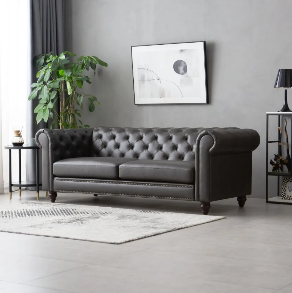 Soffa chesterfield 3-sits 219 cm svart konstläder + Fläckborttagare för möbler