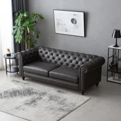 Soffa chesterfield 3-sits 219 cm svart konstläder + Fläckborttagare för möbler