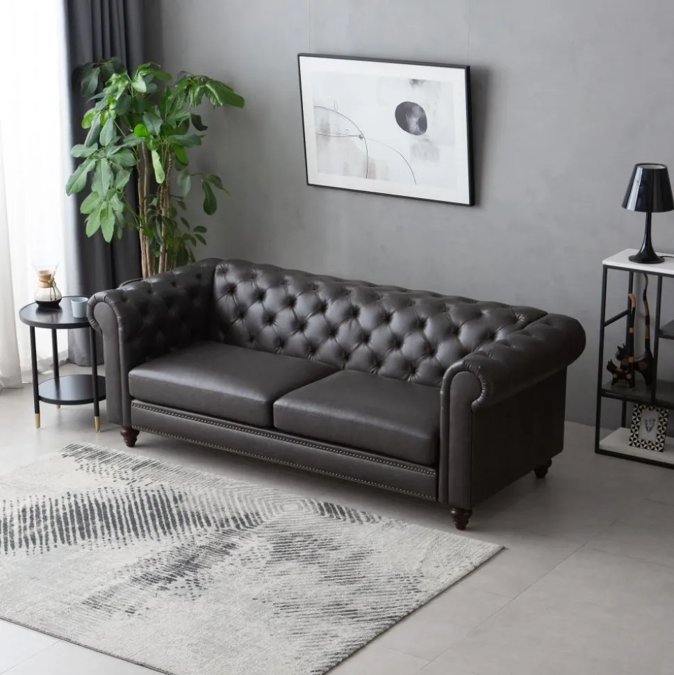 Soffa chesterfield 3-sits 219 cm svart konstläder + Fläckborttagare för möbler