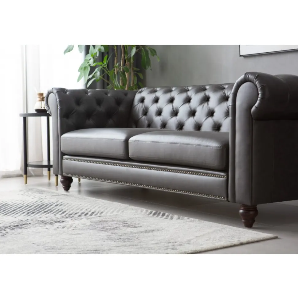 Soffa chesterfield 3-sits 219 cm svart konstläder + Textilrengöring för möbler