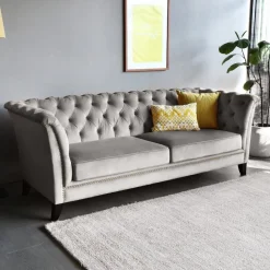 Soffa chesterfield 3-sits grå - Henry + Textilrengöring för möbler