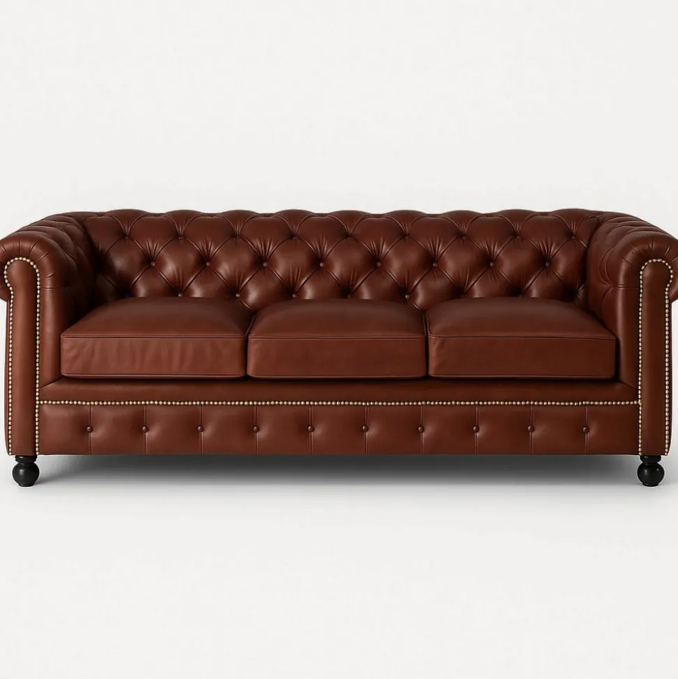 Soffa Chesterfield 3-sits i brunt Skinn + Fläckborttagare för möbler