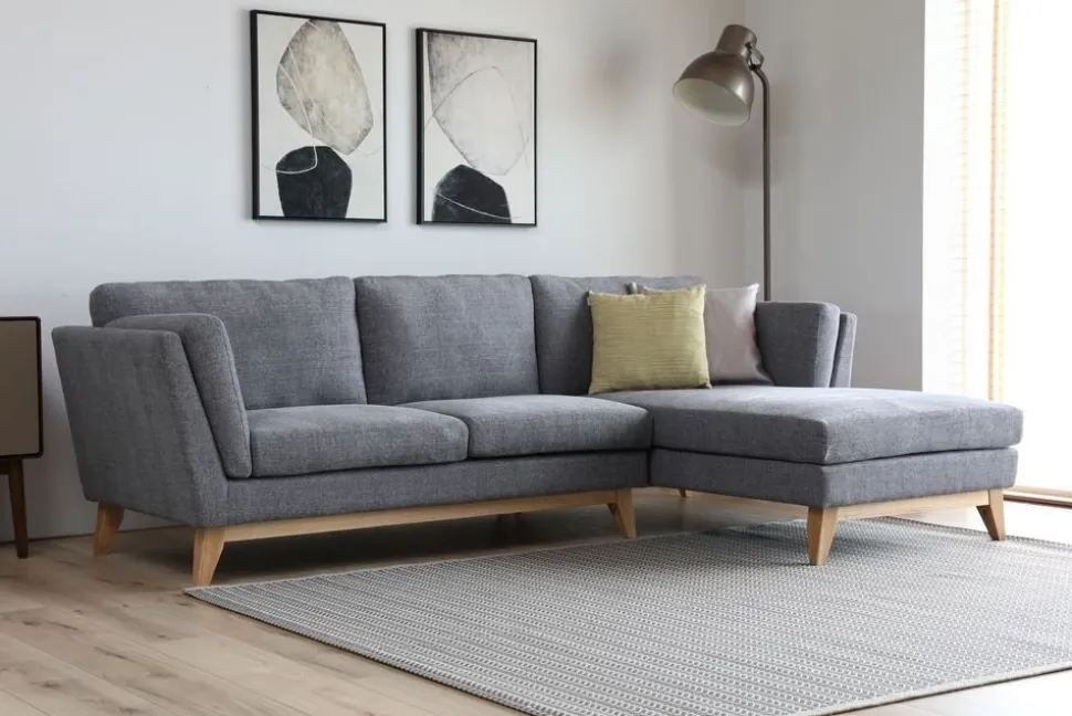 Soffa med divan grått tyg - 260 cm bred