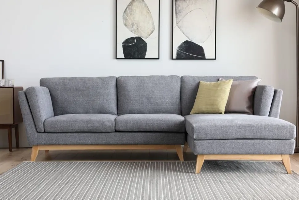 Soffa med divan grått tyg - 260 cm bred