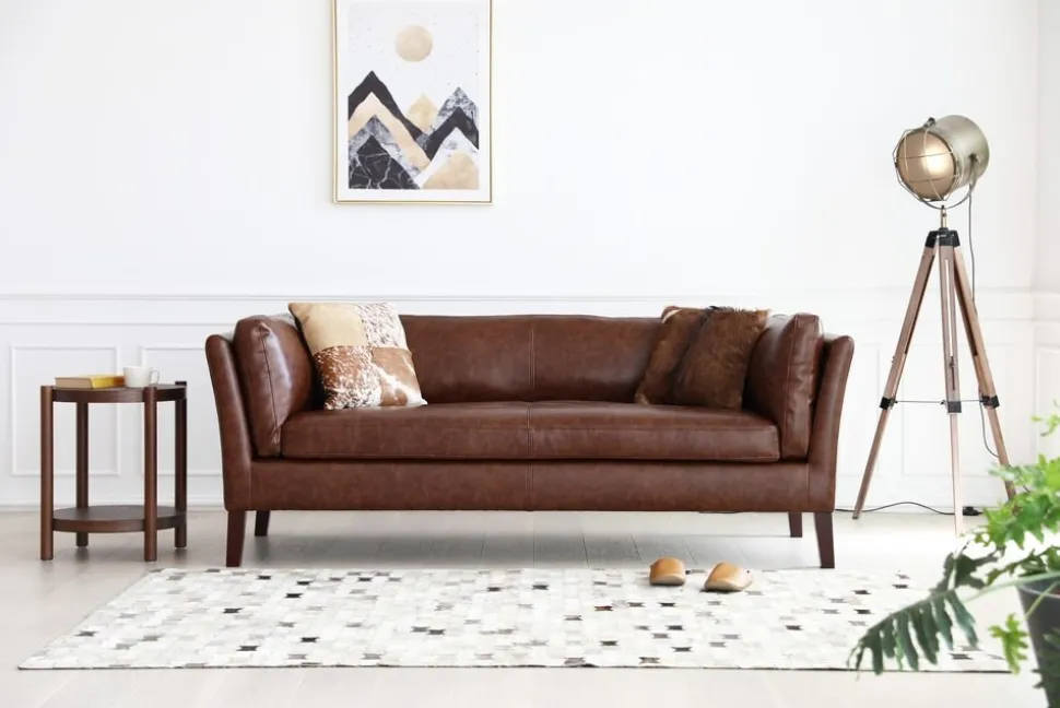 Soffa 3-sits brun vintage PU 198 cm - Heritage + Fläckborttagare för möbler