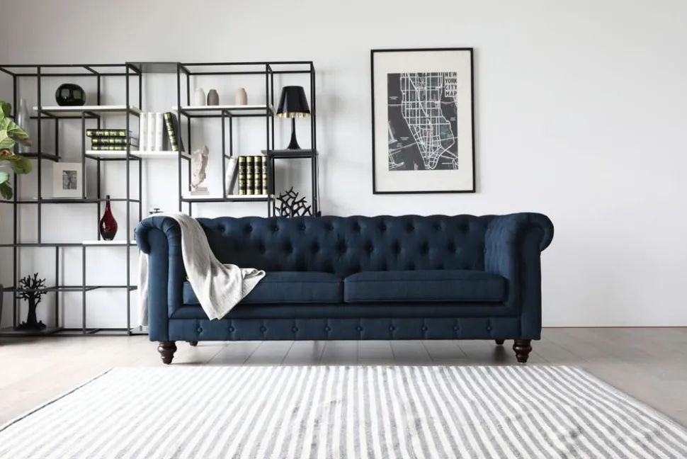 Soffa 3-sits chesterfieldsoffa blå - Herron + Textilrengöring för möbler