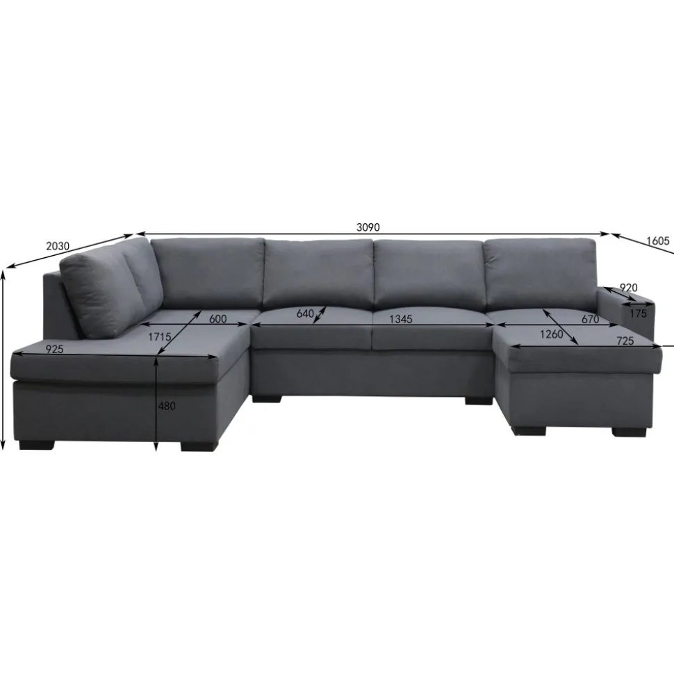 Soffa u-soffa 309 cm mörkgrått tyg - Solna + Textilrengöring för möbler