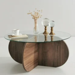 Soffbord i valnöt med glasskiva + Möbeltassar