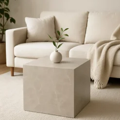 Soffbord kuben 60 x 60 x 60 cm - Beige marmor utseende + Fläckborttagare för möbler