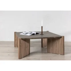 Soffbord Rogaland 100 x 100 cm - Brunt trä med brun marmor look