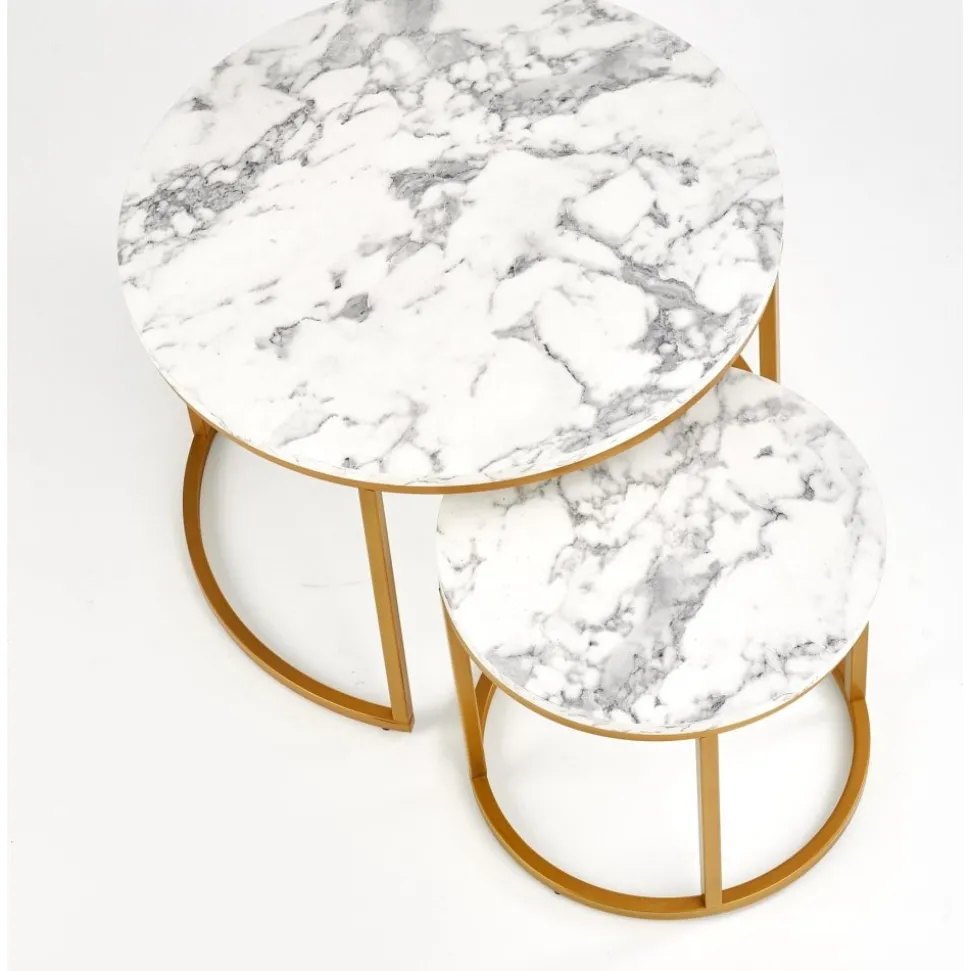 Soffbord set med 2 st Ø38/60 cm - Vit marmoreffekt/guld