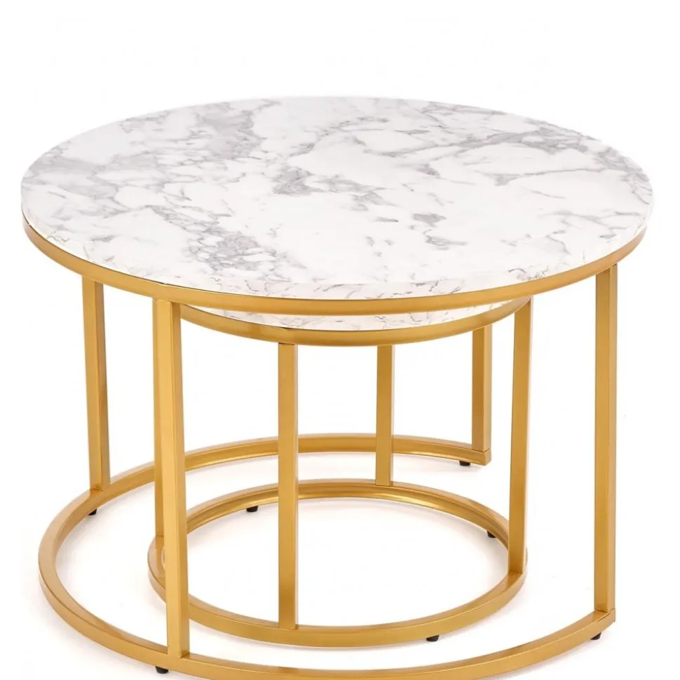 Soffbord set med 2 st Ø38/60 cm - Vit marmoreffekt/guld
