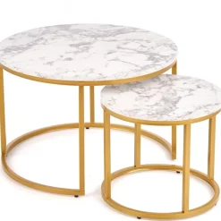 Soffbord set med 2 st Ø38/60 cm - Vit marmoreffekt/guld + Textilrengöring för möbler