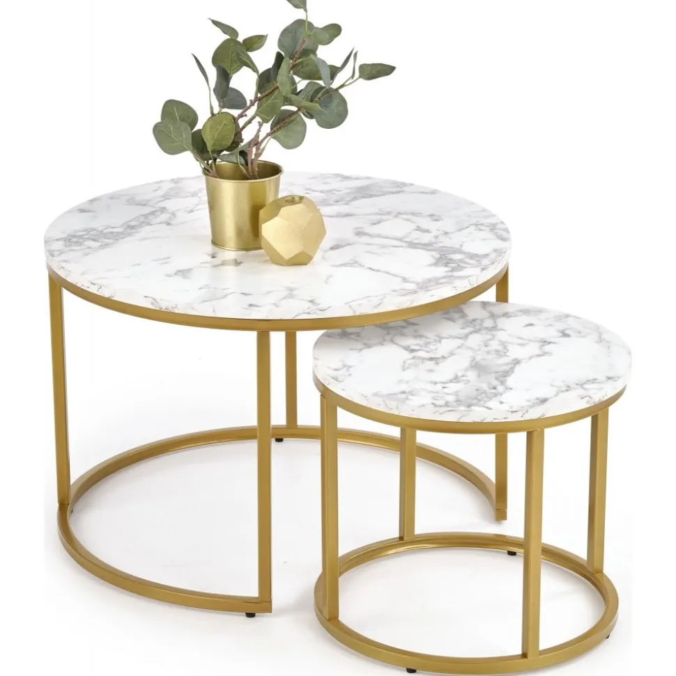 Soffbord set med 2 st Ø38/60 cm - Vit marmoreffekt/guld + Textilrengöring för möbler