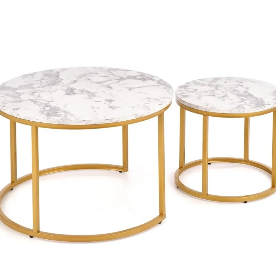Soffbord set med 2 st Ø38/60 cm - Vit marmoreffekt/guld + Möbeltassar