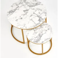 Soffbord set med 2 st Ø38/60 cm - Vit marmoreffekt/guld + Möbeltassar