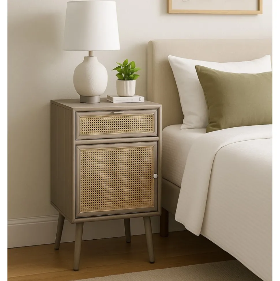 Stockholm grått sängbord med rotting + Möbeltassar