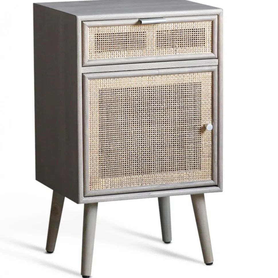 Stockholm grått sängbord med rotting + Möbeltassar