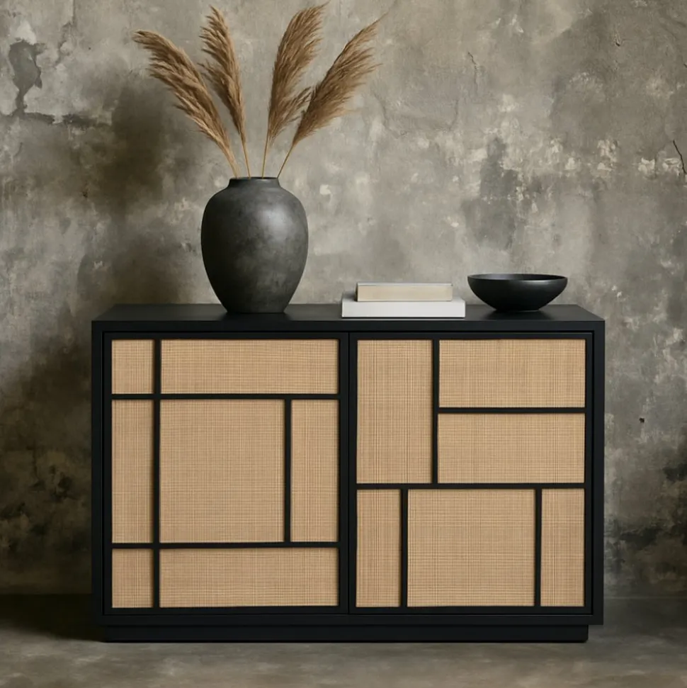 Stockholm skänk med rottingdörrar - 120 cm bred + Möbeltassar