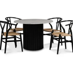 Sumo matgrupp Ø105 cm inkl. 4 st Brandon svarta matstolar - Svartbets / Silver marmor