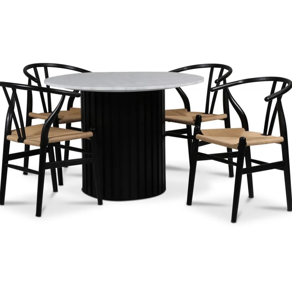Sumo matgrupp Ø105 cm inkl. 4 st Brandon svarta matstolar - Svartbets / Ljus marmor