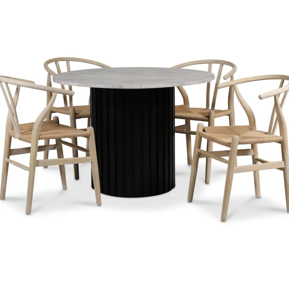Sumo matgrupp Ø105 cm inkl. 4 st Brandon matstolar whitewash - Svartbets / Silver marmor + 4.00 x Stolsdyna