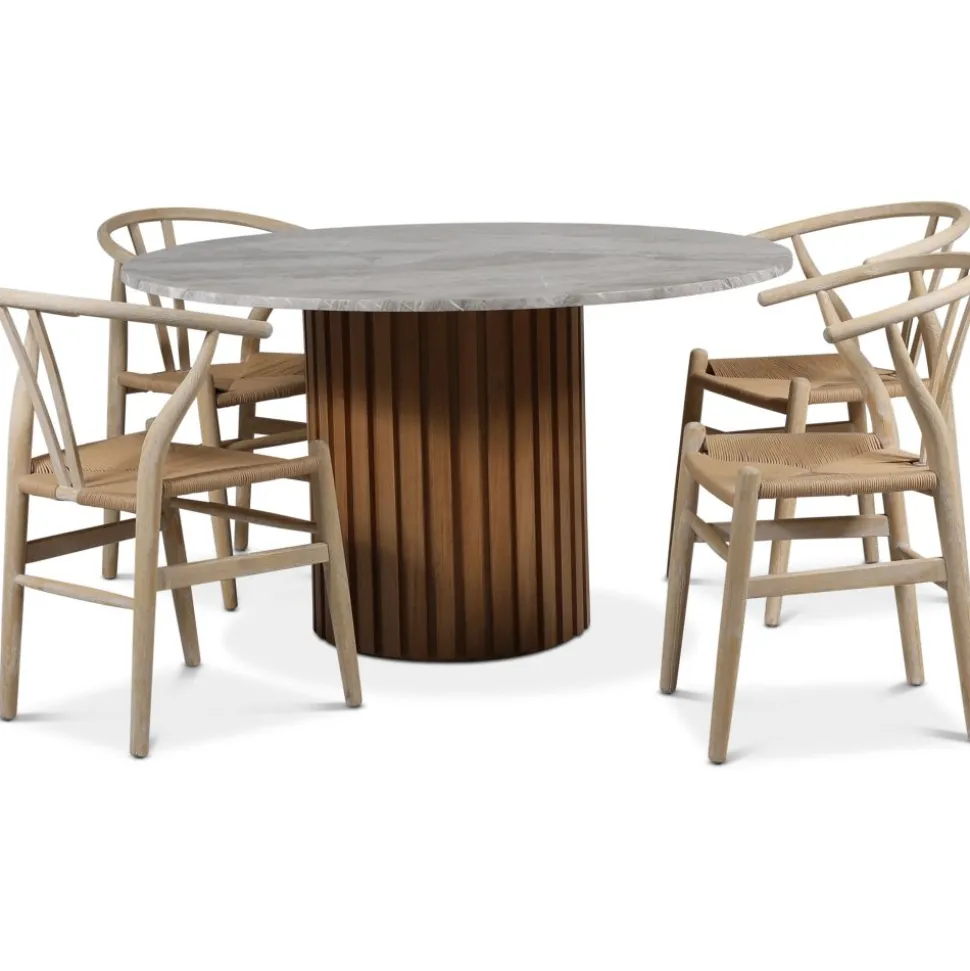 Sumo matgrupp Ø130 cm inkl. 4 st Brandon matstolar whitewash - Oljad ek / Silver marmor + 4.00 x Stolsdyna