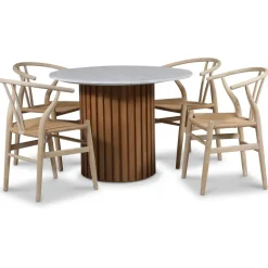 Sumo matgrupp Ø105 cm inkl. 4 st Brandon matstolar whitewash - Oljad ek / Ljus marmor + 4.00 x Stolsdyna