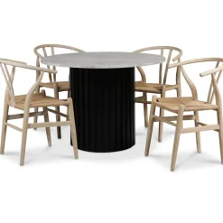 Sumo matgrupp Ø105 cm inkl. 4 st Brandon matstolar whitewash - Svartbets / Silver marmor + 3.00 x Möbeltassar