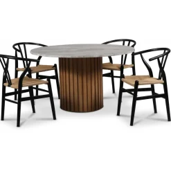 Sumo matgrupp Ø130 cm inkl. 4 st Brandon svarta matstolar - Oljad ek / Silver marmor