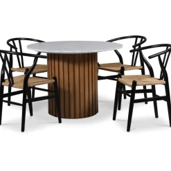 Sumo matgrupp Ø105 cm inkl. 4 st Brandon svarta matstolar - Oljad ek / Ljus marmor