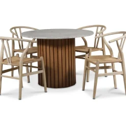 Sumo matgrupp Ø105 cm inkl. 4 st Brandon matstolar whitewash - Oljad ek / Silver marmor + 3.00 x Möbeltassar