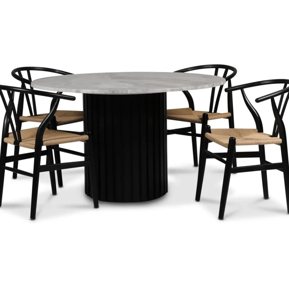 Sumo matgrupp Ø130cm inkl. 4 st Brandon svarta matstolar - Svartbets / Silver marmor + 3.00 x Möbeltassar
