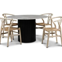 Sumo matgrupp Ø130cm inkl. 4 st Brandon matstolar whitewash - Svartbets / Silver marmor