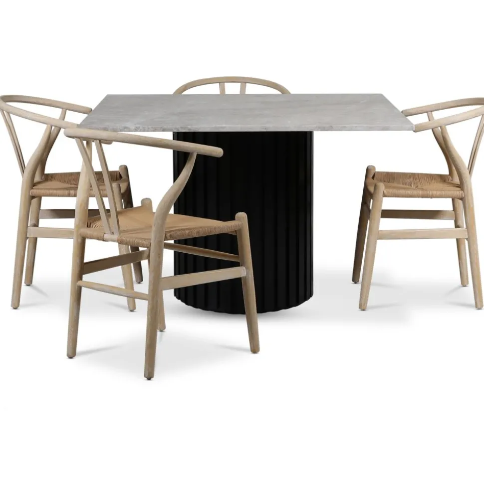 Sumo matgrupp 120x120 cm inkl. 4 st Brandon matstolar whitewash - Svartbets / Silver marmor + 4.00 x Stolsdyna