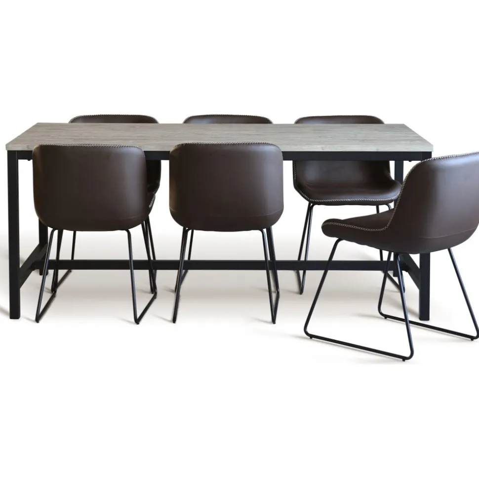 Texas matgrupp med 6 st Texas matstolar Brun PU + Texas matbord whitewash 180x90 cm