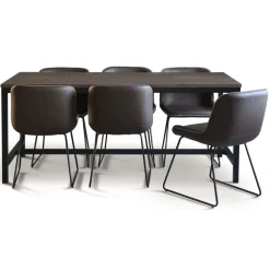 Texas matgrupp med 6 st Texas matstolar Brun PU + Texas matbord mörkbrun ek 180x90 cm