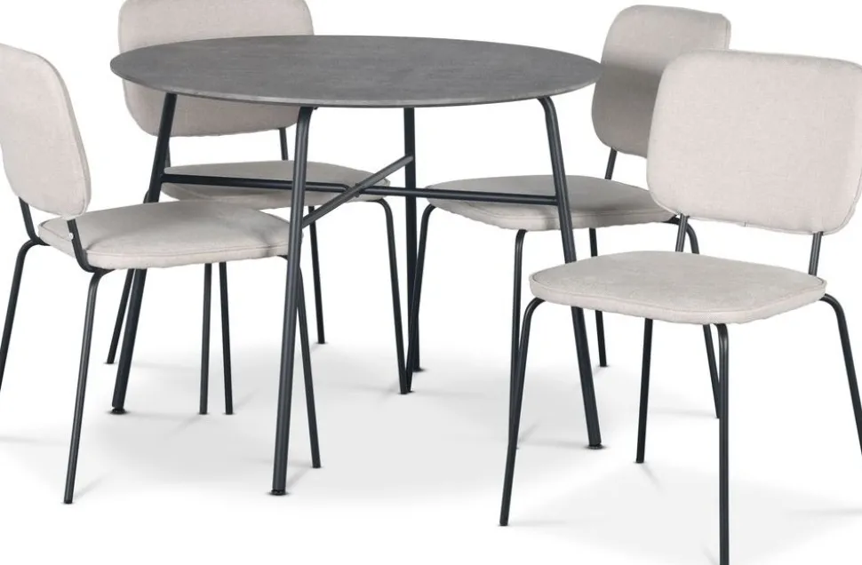 Tofta matgrupp Ø100 cm bord i betongimitation + 4 st Lokrume beige stolar