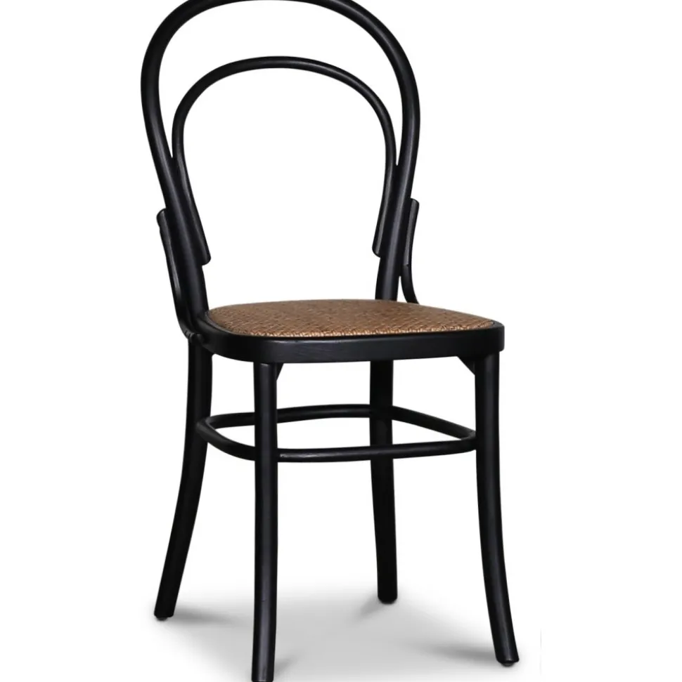 Tona svart stol i böjträ med rottingsits + Möbeltassar