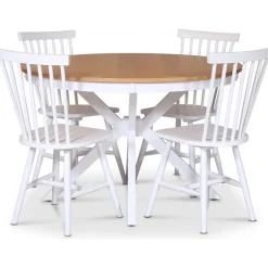 Tromsö matgrupp; runt matbord 120 cm - Vit / oljad ek med 4 st vita Karl pinnstolar + 4.00 x Stolsdyna