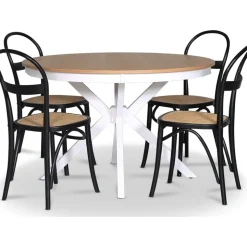 Tromsö matgrupp; runt matbord Vit / Ek med 4 st Danderyd No.16 matstolar Svart + 4.00 x Stolsdyna