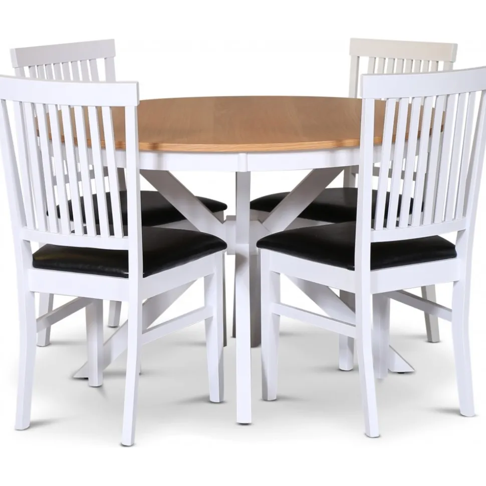 Tromsö matgrupp; runt matbord 120 cm - Vit / oljad ek med 4 st Fårö stolar med sits i svart PU + 4.00 x Stolsdyna