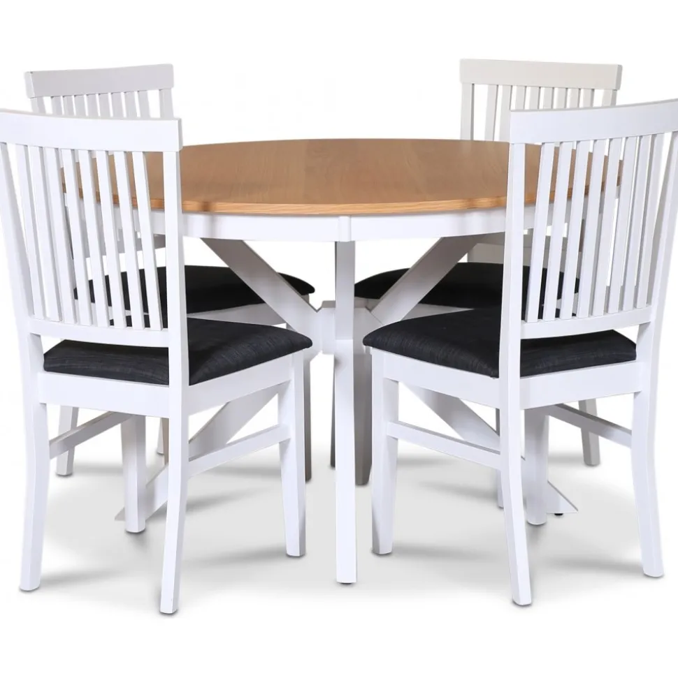 Tromsö matgrupp; runt matbord 120 cm - Vit / oljad ek med 4 st Fårö stolar med sits i grått tyg + 3.00 x Möbeltassar
